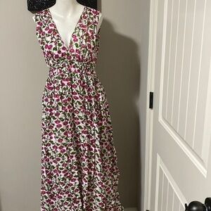 Roller Rabbit Dakini Lune Floral Maxi Dress Sleeveless Pleated White Green Sz L